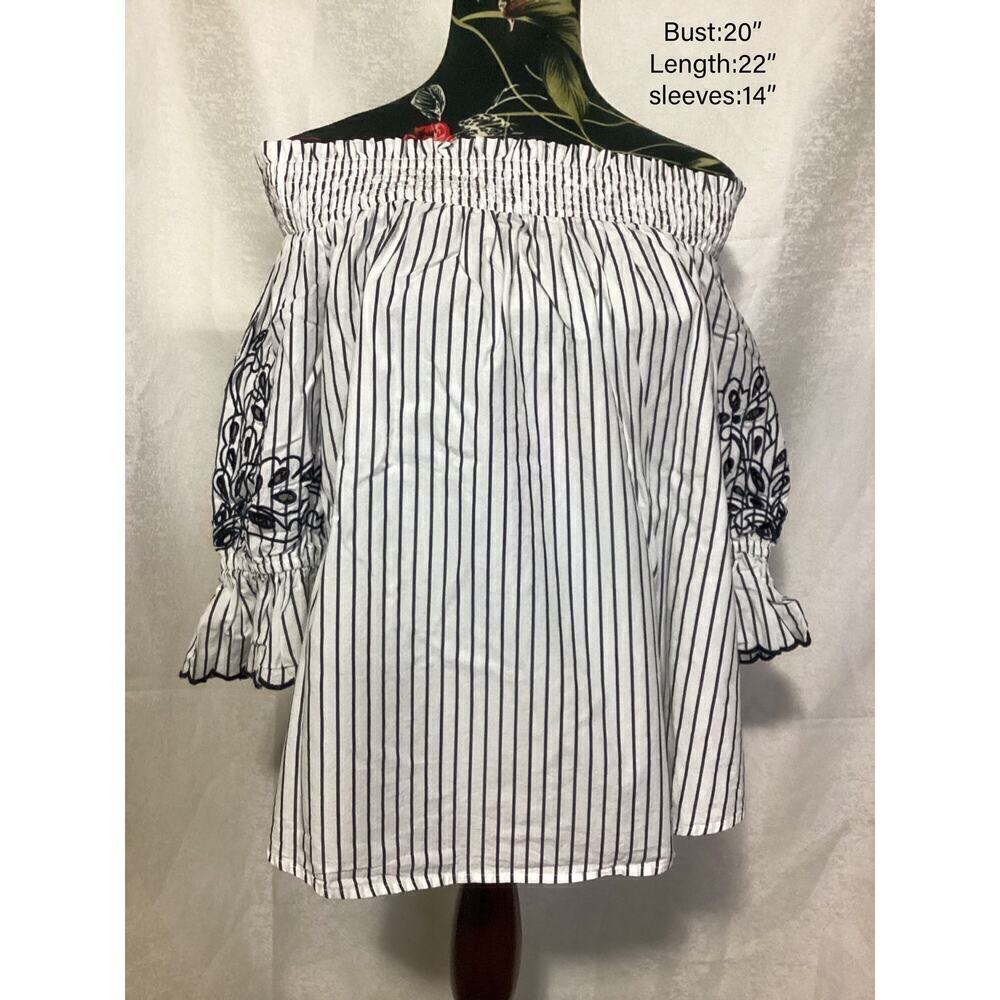 Chico’s‎ off-shoulder slim blue stripe  blouse